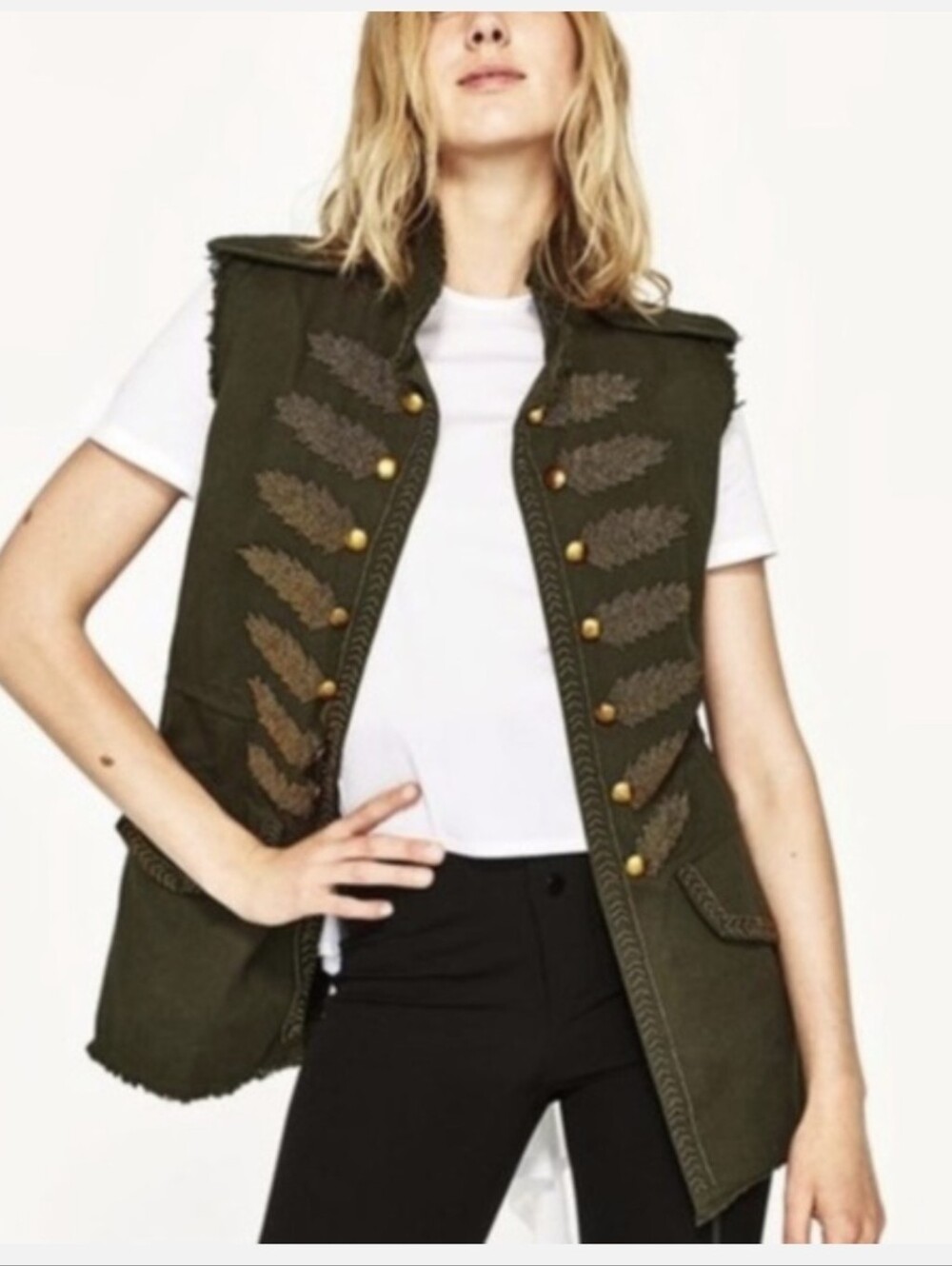 Zara Olive Green Military Embroidered Vest L